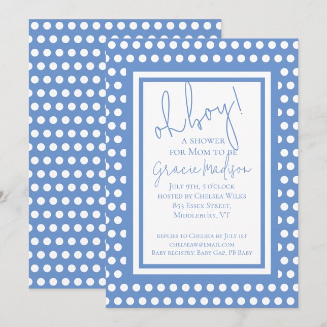 Oh Boy Blue und White Boy Baby Dusche Einladung (Vorne/Hinten)