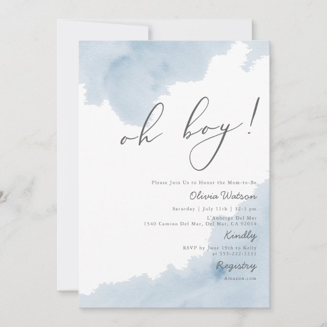 Oh Boy Blue Watercolor Baby Dusche Einladung (Vorderseite)