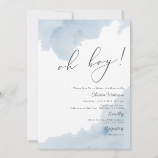 Oh Boy Blue Watercolor Baby shower Invitation
