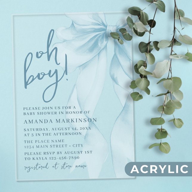 Oh Boy Blue Watercolor Bow Baby Shower Acryleinladungen (Von Creator hochgeladen)