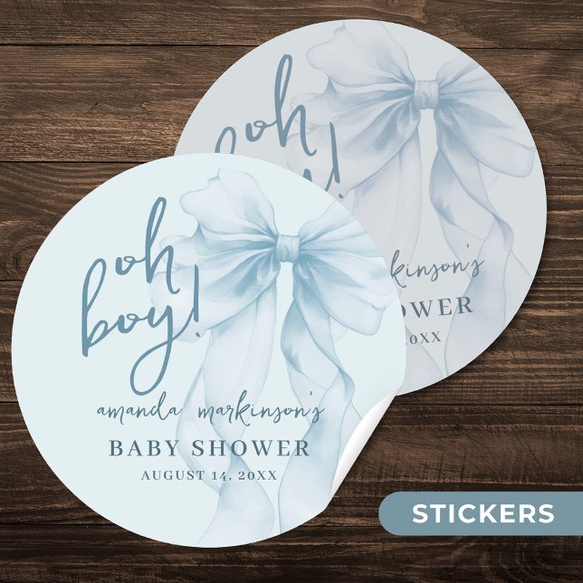 Oh Boy Blue Watercolor Bow Baby Shower Runder Aufkleber (Von Creator hochgeladen)