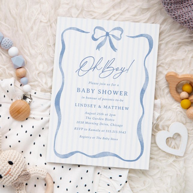 Oh, Boy Blue Wavy Ribbon Bow Baby Dusche Einladung (sweet baby shower invitation for boys featuring a wavy, curvy frame and bow)
