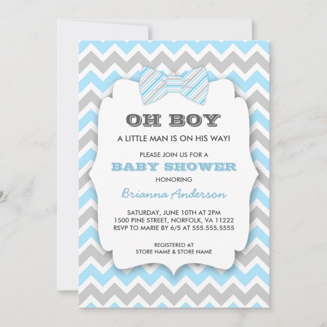 OH BOY Bowtie Babydusche / blau-grau Zickzack Einladung (Vorderseite)