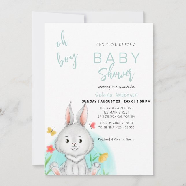 Oh Boy | Bunny Rabbit Baby Shower Einladung (Vorderseite)