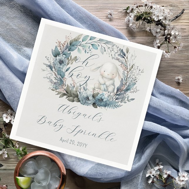 Oh Boy Bunny Rabbit Blue Floral Baby Sprinkle Serviette (Bunny Rabbit and Blue Floral Wreath Boy Baby Sprinkle Paper Napkin - "Oh Boy" Bunny Collection)