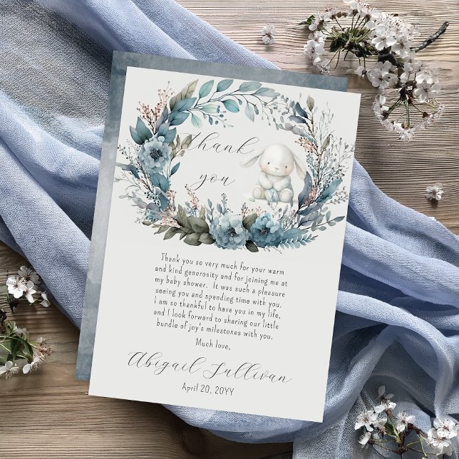 Oh Boy Bunny Rabbit Blue Floral Wreath Baby Dusche Dankeskarte (Bunny Rabbit and Blue Floral Wreath Boy Baby Shower Thank You Flat Card - "Oh Boy" Bunny Collection)