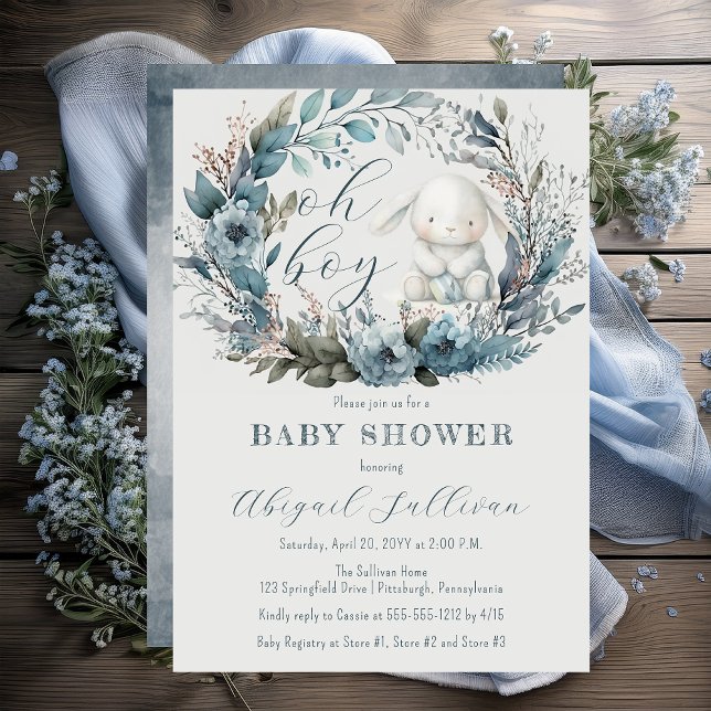 Oh Boy Bunny Rabbit Blue Floral Wreath Baby Dusche Einladung ("Oh Boy" Bunny Rabbit and Blue Floral Wreath Boy Baby Shower Invitation - Print | Digital)
