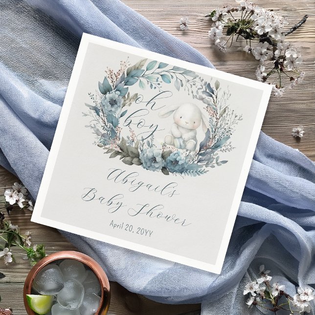 Oh Boy Bunny Rabbit Blue Floral Wreath Baby Dusche Serviette (Bunny Rabbit and Blue Floral Wreath Boy Baby Shower Paper Napkins - "Oh Boy" Bunny Collection)
