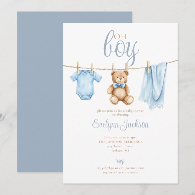 Oh Boy Cute Blue Clothesline Baby Shower Einladung (Vorne/Hinten)