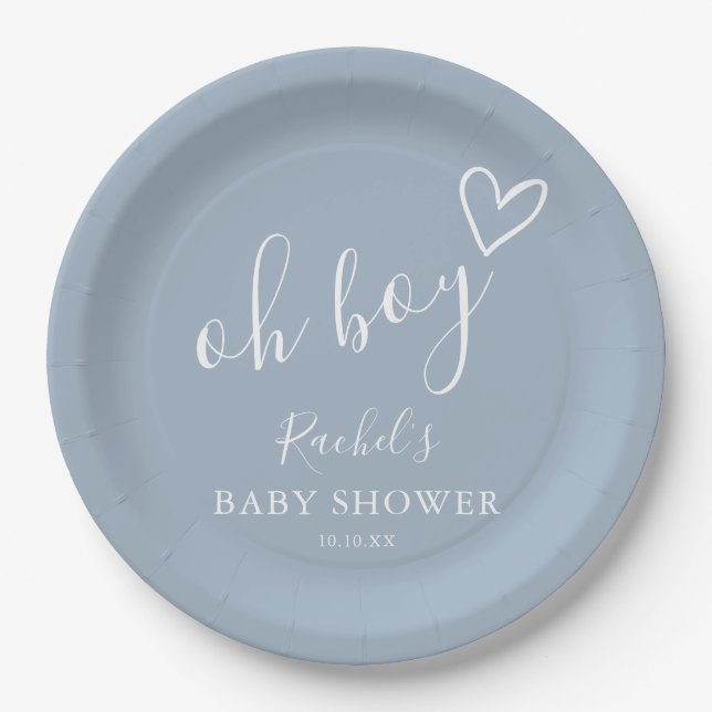 Oh Boy Cute Heart Dusty Blue Baby Shower Pappteller (Vorderseite)