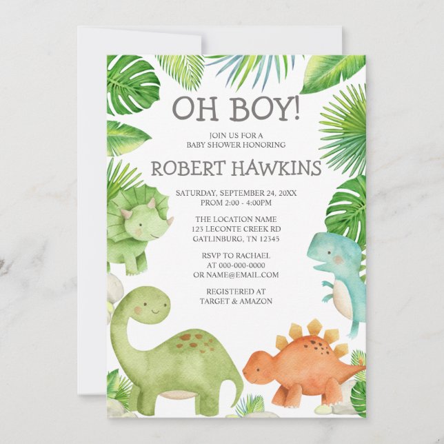 Oh Boy Dinosaur Baby shower Invitation (Devant)