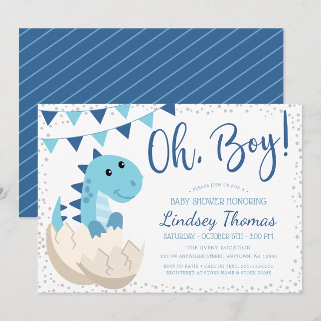 Oh Boy Dinosaur Navy Blue Baby Dusche Einladung (Vorne/Hinten)