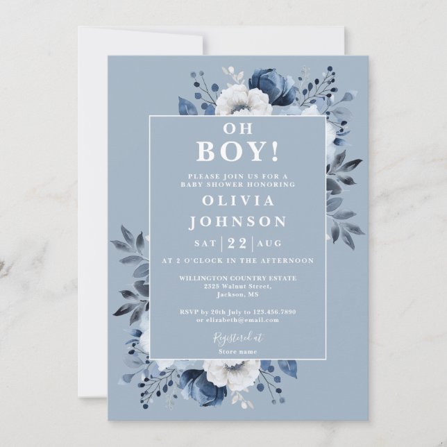 Oh Boy Dusty Blue Elegant Floral Baby Shower Einladung (Vorderseite)