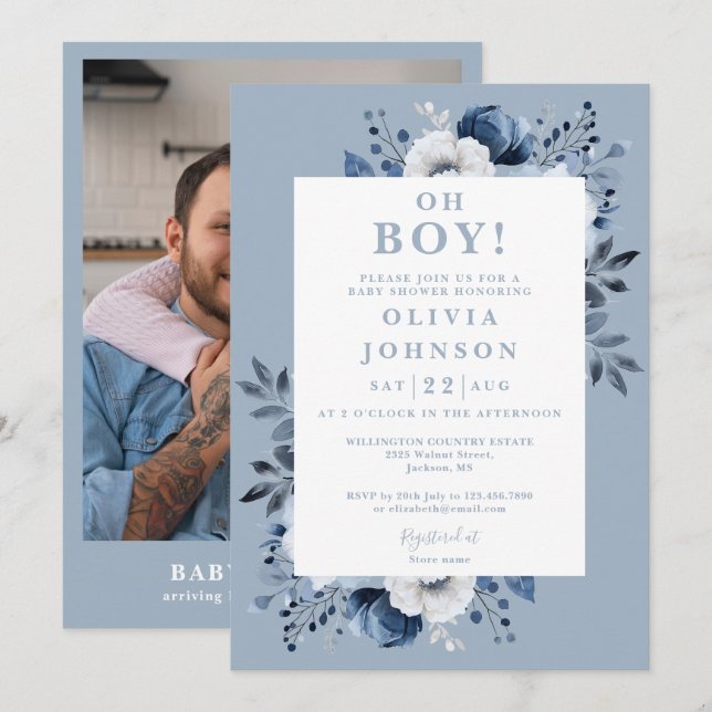 Oh Boy Dusty Blue Floral Foto Baby Dusche Einladung (Vorne/Hinten)