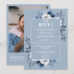 Oh Boy Dusty Blue Floral Foto QR Baby Dusche Einladung