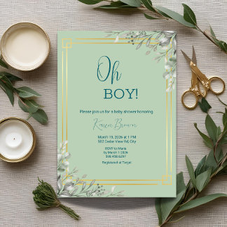 Oh Boy Elegant Greenery & Gold Baby Dusche Einladung