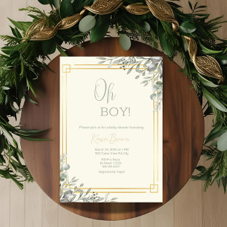Oh Boy Elegant Greenery & Gold Baby Dusche Einladung