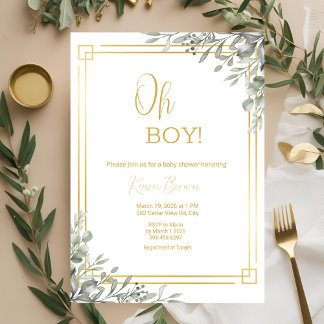 Oh Boy Elegant Greenery & Gold Baby Dusche Einladung