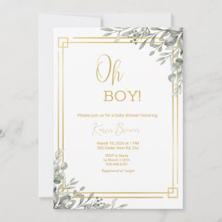 Oh Boy Elegant Greenery & Gold Baby Dusche Einladung