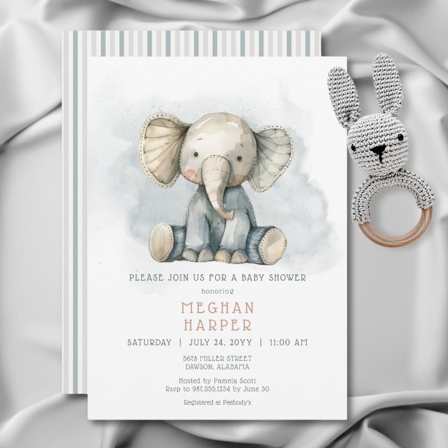 Oh Boy Elephant Blue Striping Baby Dusche Einladung (Oh Boy Elephant Blue Striped Baby Shower Invitation)
