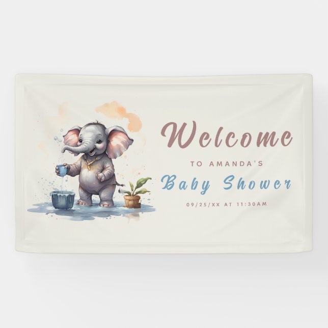 Oh Boy Elephant Rustic Gold Blue Baby Dusche Banner (Horizontal)