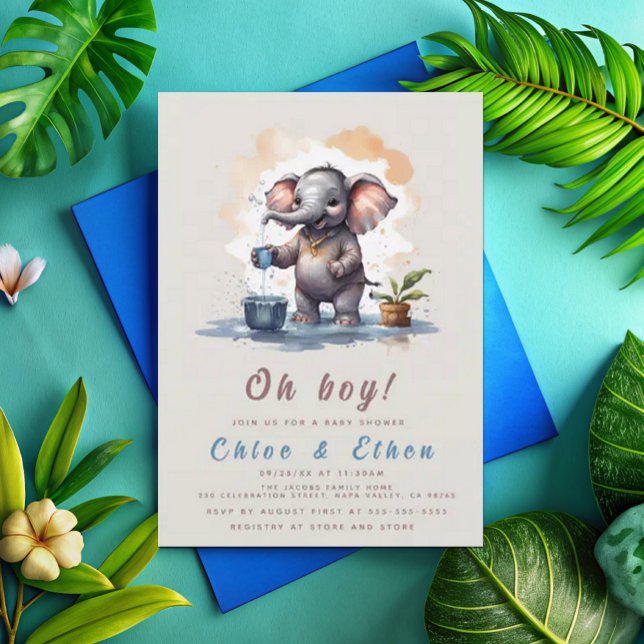 Oh Boy Elephant Rustic Gold Blue Baby Dusche Einladung (Von Creator hochgeladen)