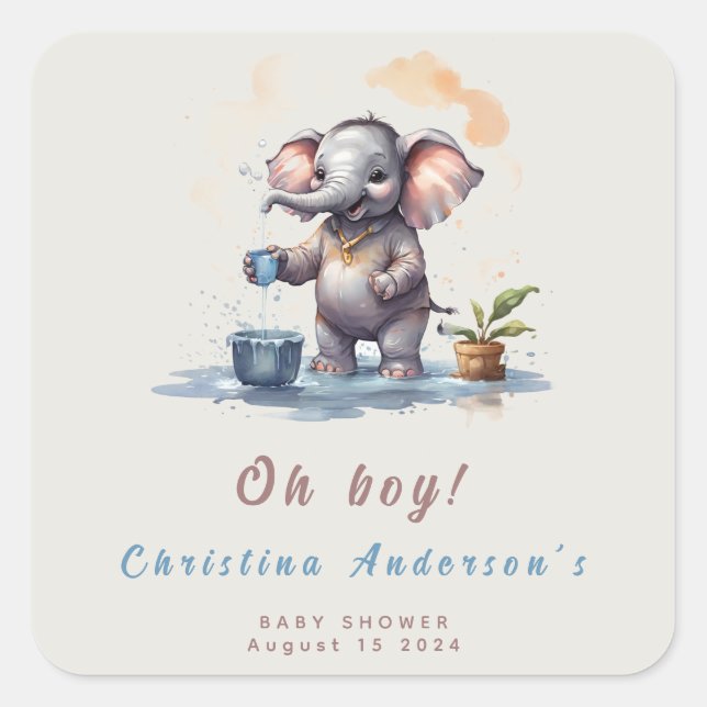 Oh Boy Elephant Rustic Gold Blue Baby Dusche Quadratischer Aufkleber (Vorderseite)