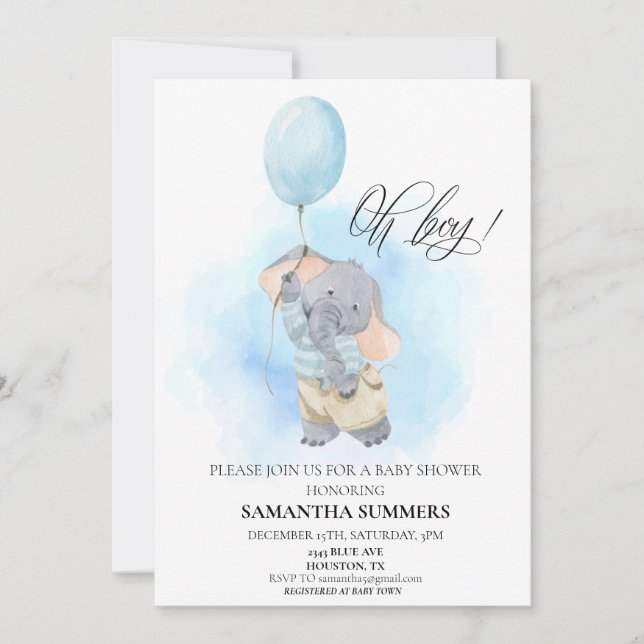 Oh Boy Elephant Watercolor Balloon Blue Einladung (Vorderseite)