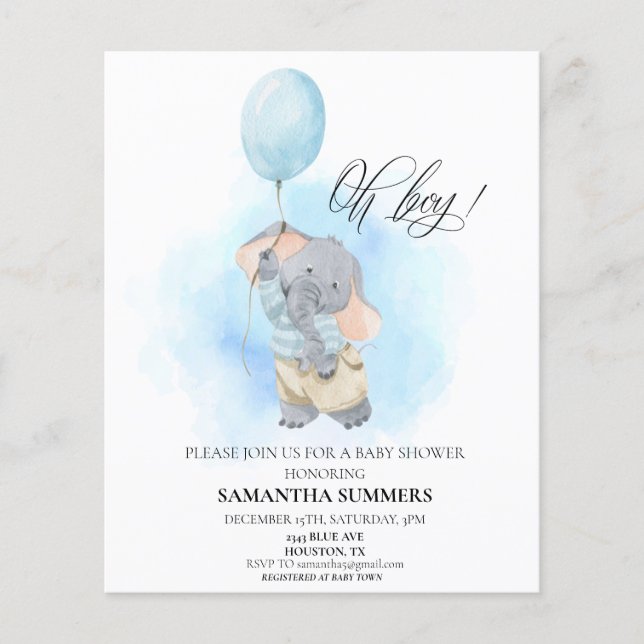 Oh Boy Elephant Watercolor Blue Baby Dusche (Vorderseite)