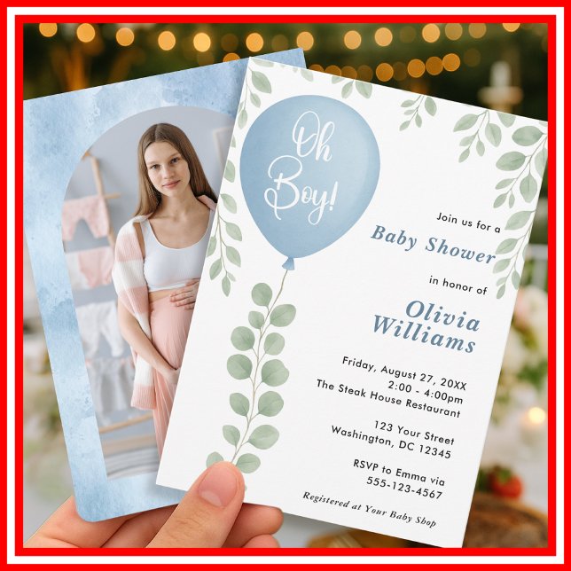 Oh Boy Eucalyptus Baby Shower Blue Balloon PHOTO Einladung (Von Creator hochgeladen)