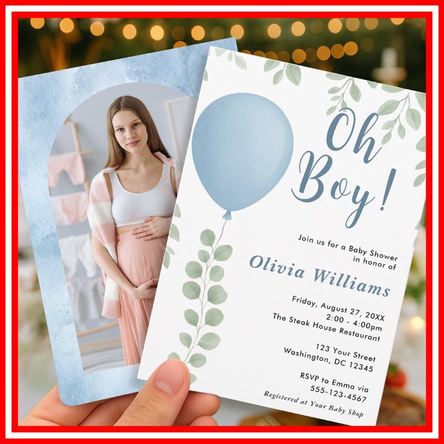 Oh Boy Eucalyptus Blue Balloon PHOTO Baby Shower Einladung (Von Creator hochgeladen)