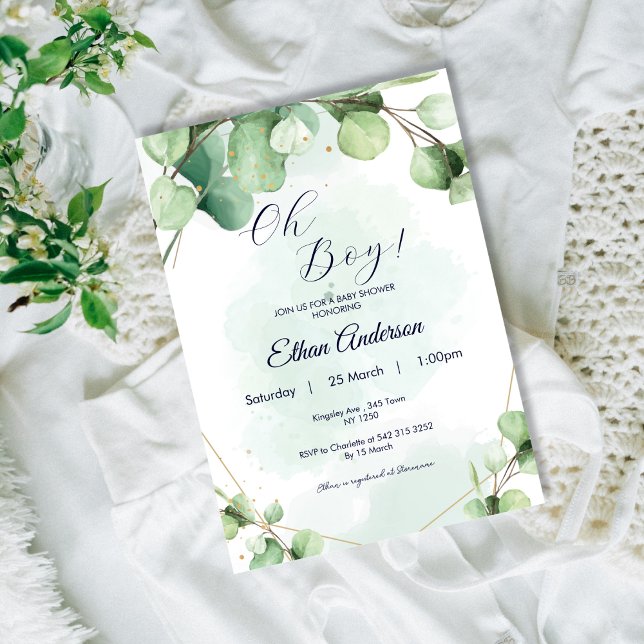 Oh Boy Eucalyptus feuille Baby shower Invitation (Oh Baby Eucalyptus Leaves Baby Shower Invite)