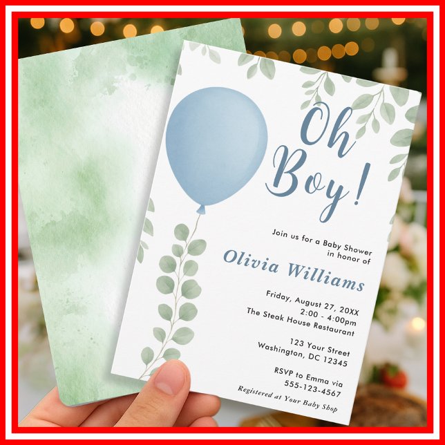 Oh Boy Eucalyptus Greenery Balloon Baby Shower Einladung (Von Creator hochgeladen)