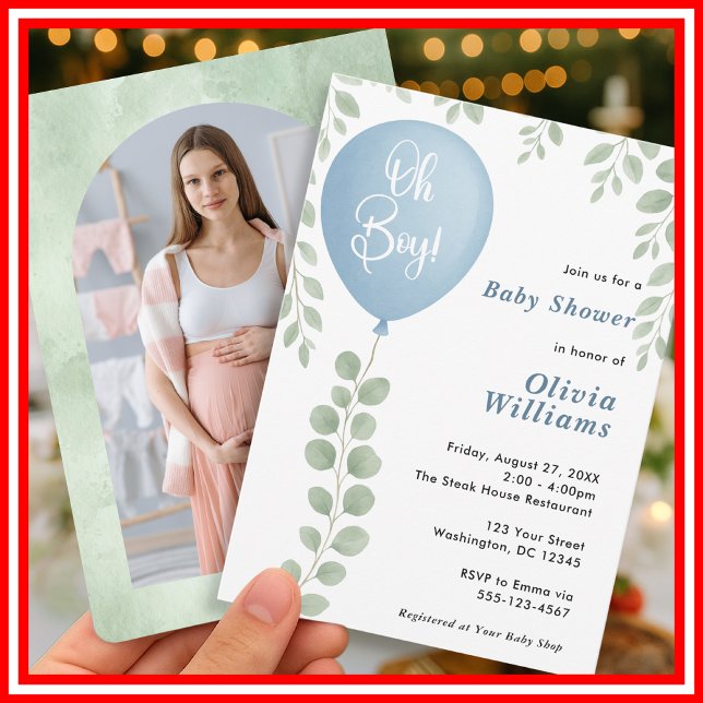 Oh Boy Eucalyptus Greenery PHOTO Baby Shower Einladung (Von Creator hochgeladen)