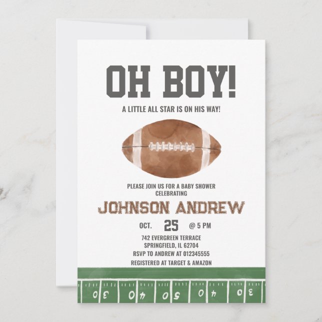 Oh Boy Football Boy Baby Dusche Einladung (Vorderseite)