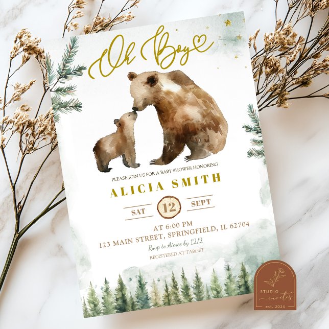 Oh Boy Forest Bear baby shower invitation Einladung (Von Creator hochgeladen)