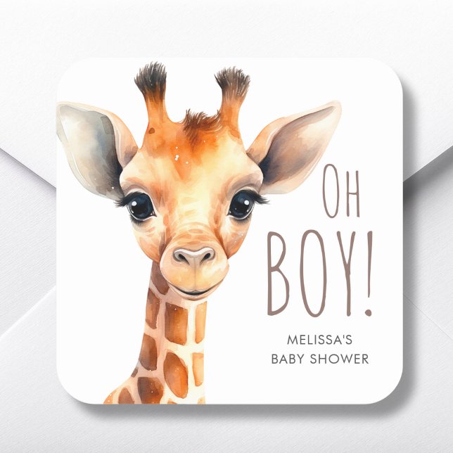 Oh Boy Giraffe Baby Dusche Gefallen Quadratischer Aufkleber (Von Creator hochgeladen)