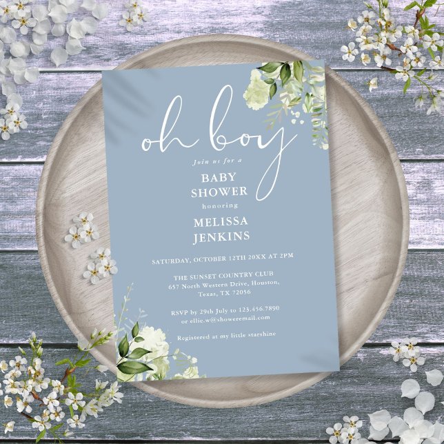Oh Boy Greenery Dusty Blue Baby Dusche Einladung (Oh Boy Greenery Dusty Blue Baby Shower Invitation)