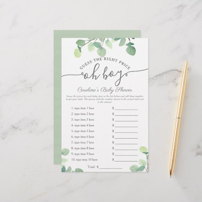 Oh Boy Guess Price Greenery Baby Shower Game (Vorderseite/Rückseite Beispiel)