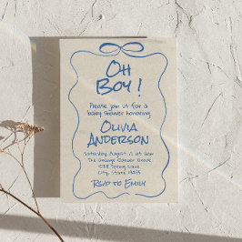 Oh Boy Hand Drawn schrieb Blue Boy Bow Baby Shower Einladung