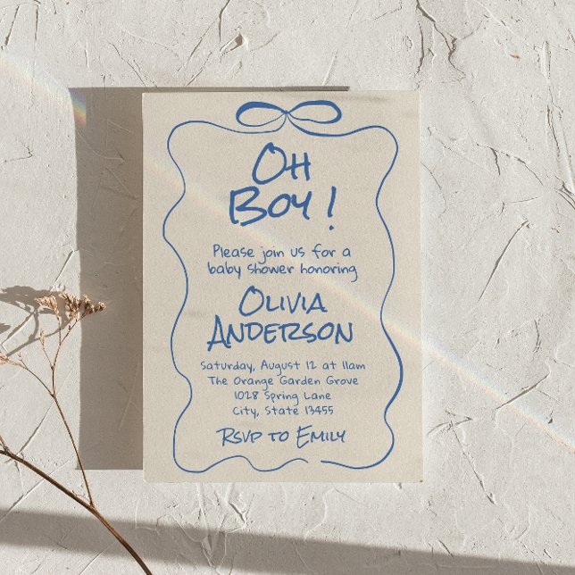 Oh Boy Hand Drawn schrieb Blue Boy Bow Baby Shower Einladung (Von Creator hochgeladen)