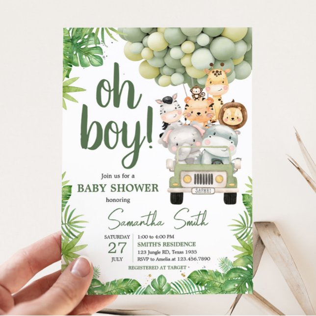Oh Boy Jungle Safari Baby Dusche Einladung (Safari Truck Balloons Baby Shower Invitation)