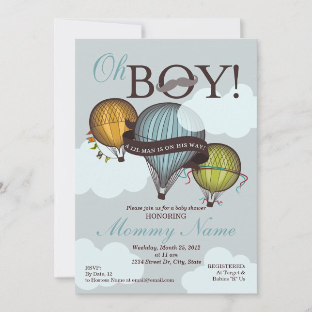 Oh Boy Lil Man Hot Air Ballon Dusche Einladung (Vorderseite)