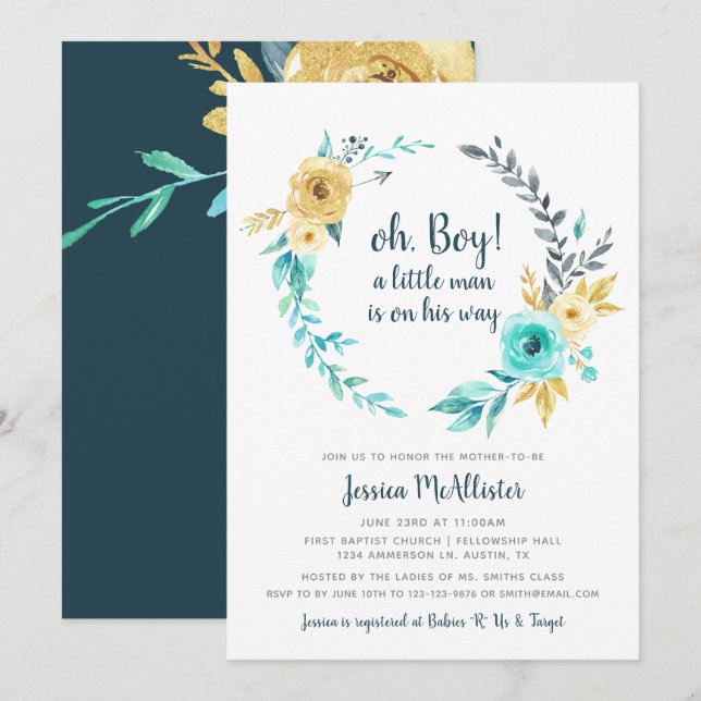 oh Boy Little Man Baby Dusche dunkle aquamarine Ei Einladung (Vorne/Hinten)