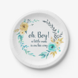 oh Boy Little Man Baby Shower Blue Gray Wreath Pappteller