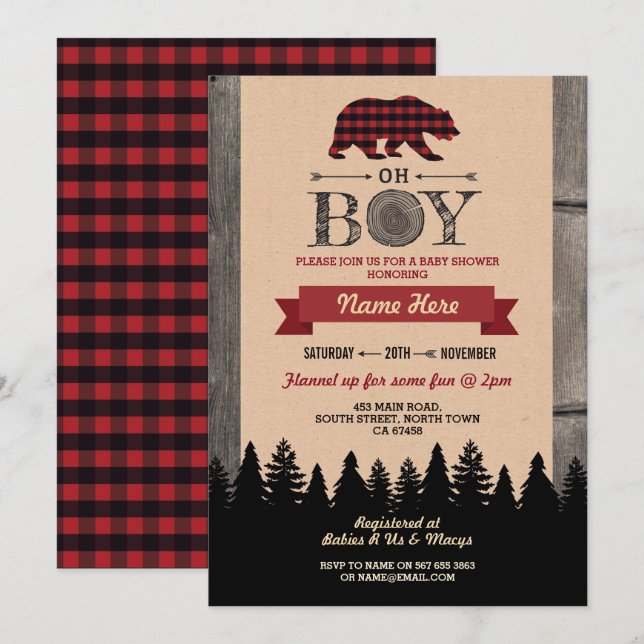 Oh Boy Lumberjack Baby shower Red Bear Invitation (Devant / Derrière)