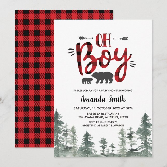 Oh Boy Lumberjack Forest Baby Shower Einladung (Vorne/Hinten)