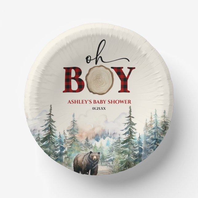 Oh Boy Lumberjack Wald Bear Baby Dusche Pappteller (Vorderseite)