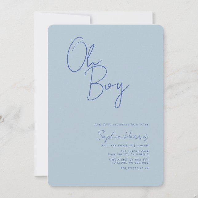 Oh Boy Minimalistisch Blue Baby Dusche Einladung (Vorderseite)