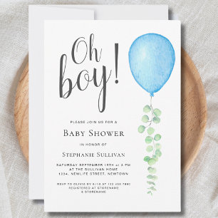 Oh Boy Modern Eucalyptus Blue Balloon Baby Dusche Einladung